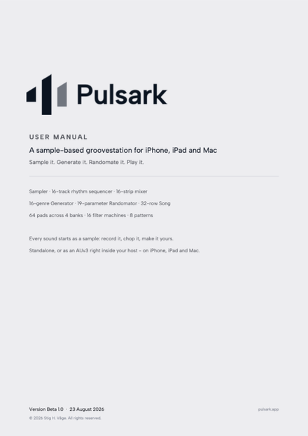 Cover of the Pulsark user manual, version Beta 1.0