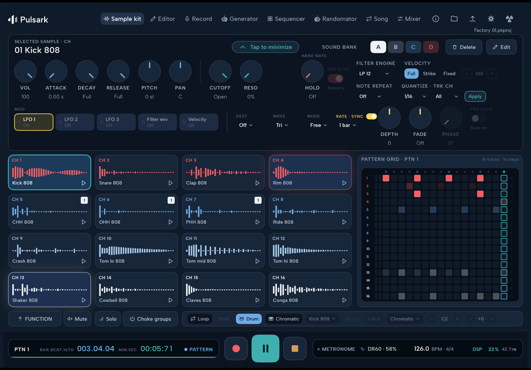 Pulsark sound controls with the MOD strip, on iPad