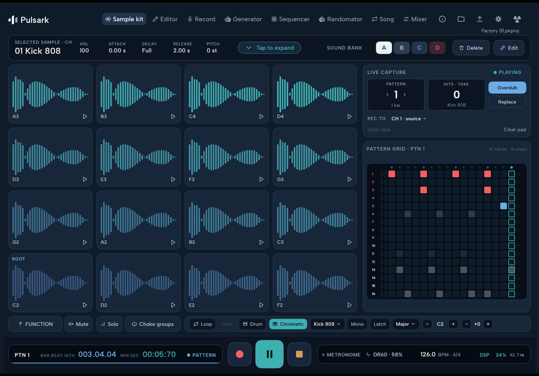 Chromatic pad mode: one sample across the grid, note names on the cells and the pitch ramp rising to the right