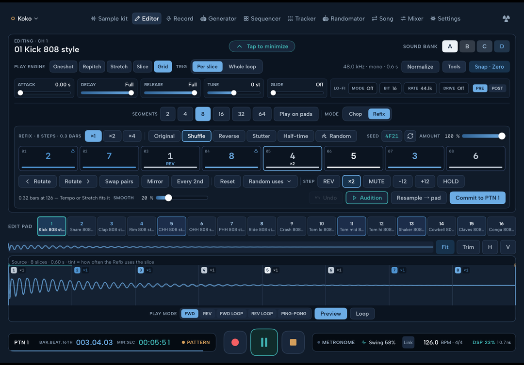 Loop Refix in the Pulsark Editor, one step card per slice