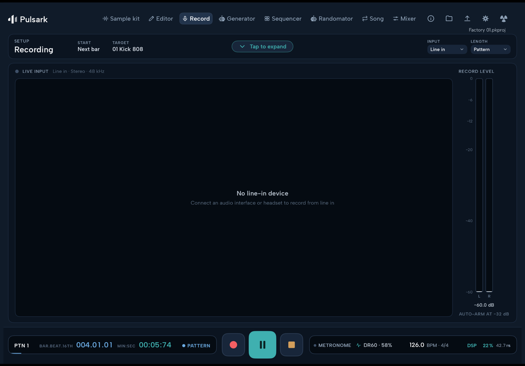 Pulsark Record tab, recording a tempo-locked loop