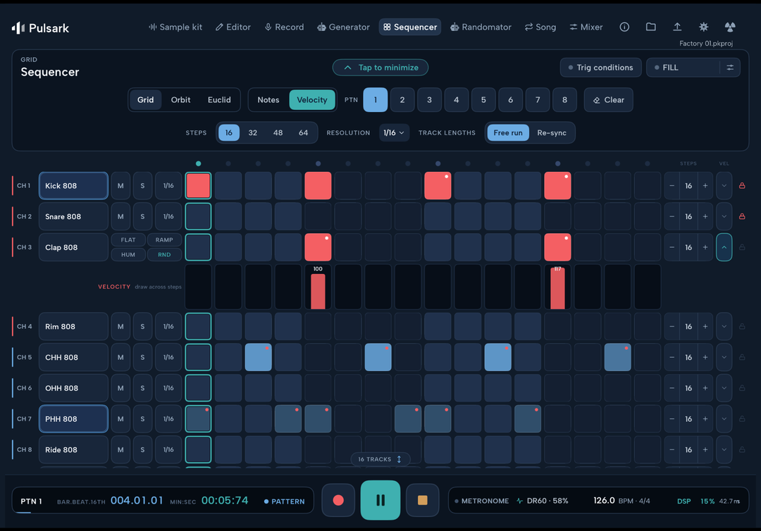 Pulsark velocity editing, with the velocity lane open under a sequencer track