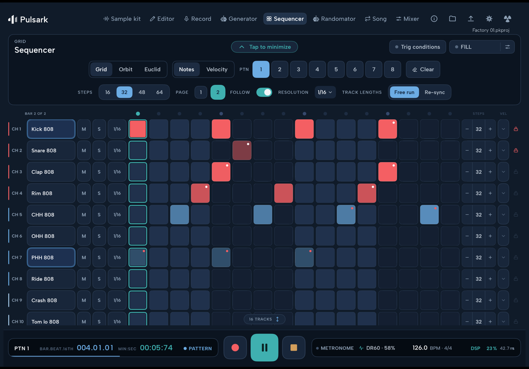 Pulsark 16-track sequencer, a 32-step pattern on page 2 of 2 with Follow on