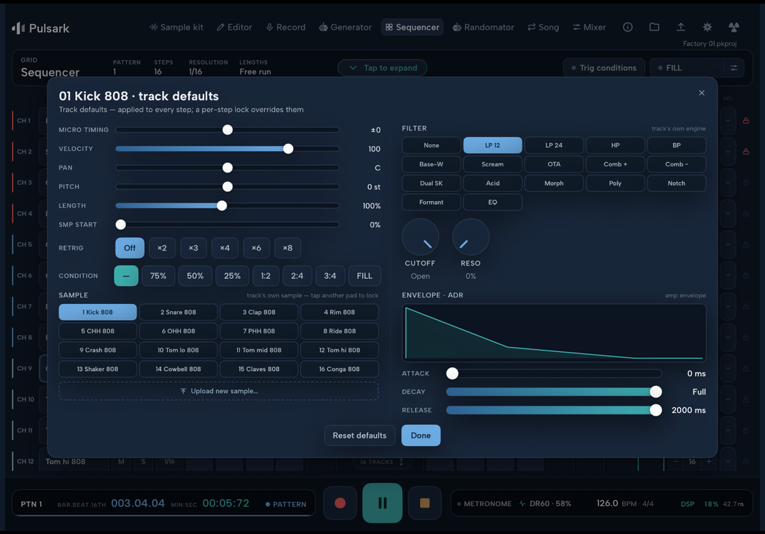 Pulsark track defaults dialog