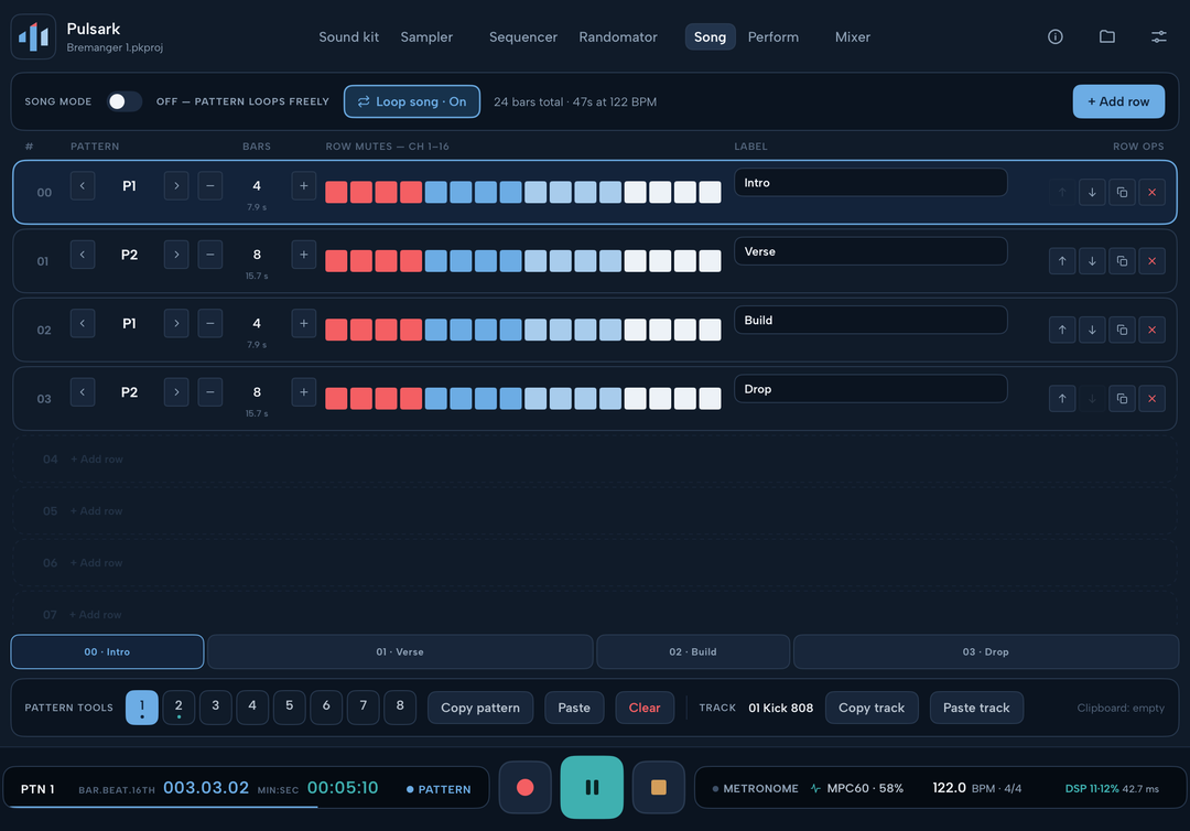 Pulsark song mode and DAW export
