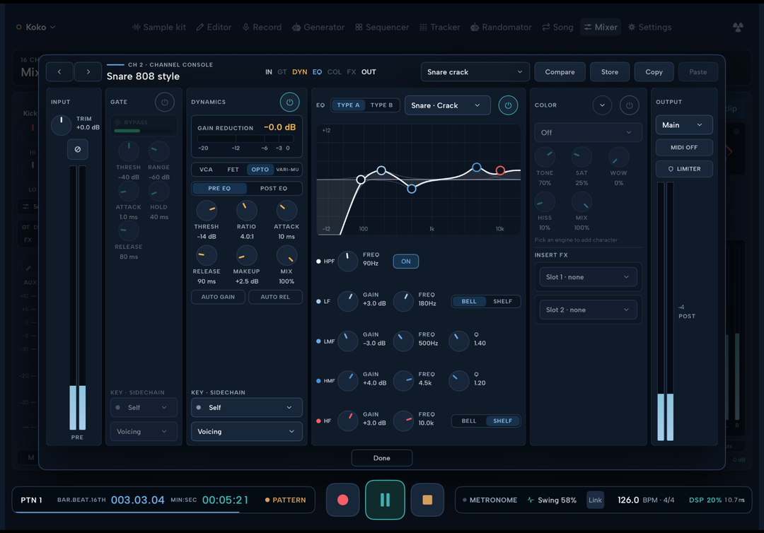 Pulsark channel console on channel 2, with Gate, Dynamics, EQ, Color, Insert FX and Output stages