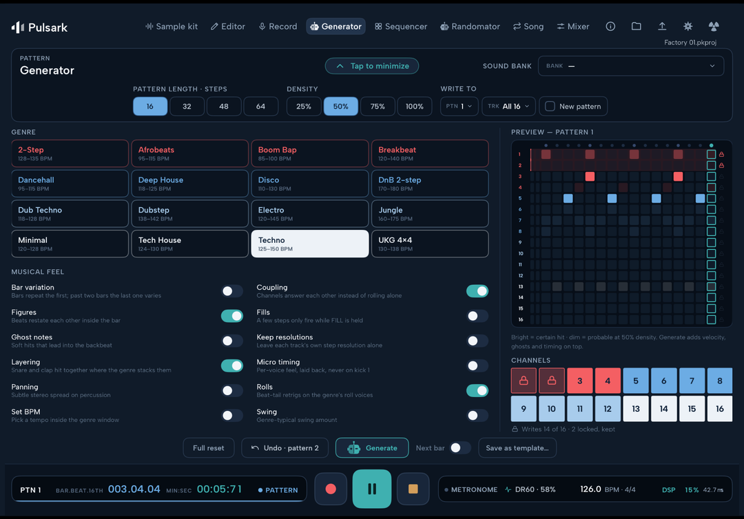 Pulsark Generator, the genre-weighted pattern generator