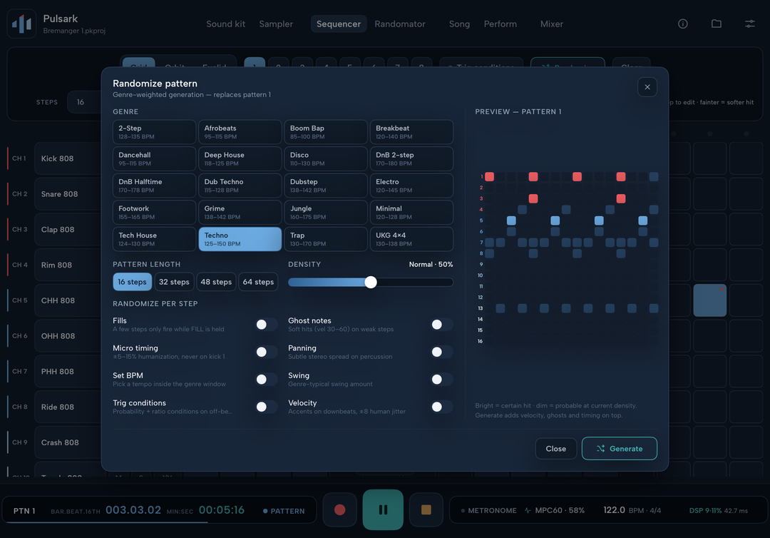Pulsark 20-genre pattern generator