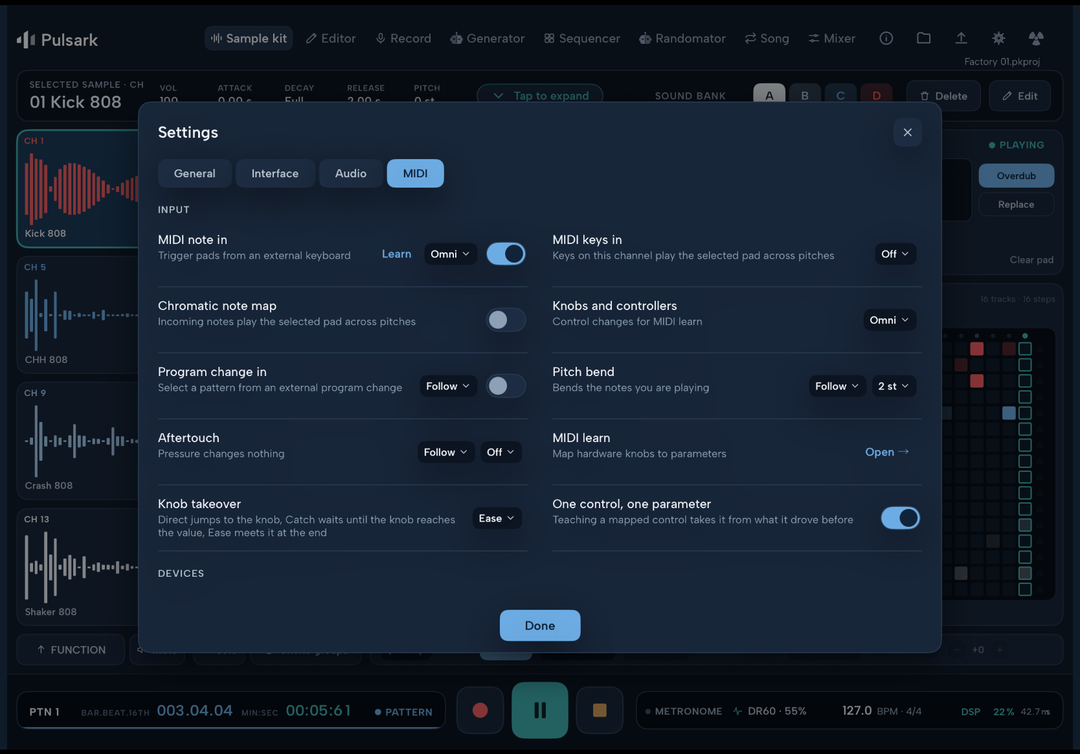Pulsark MIDI settings